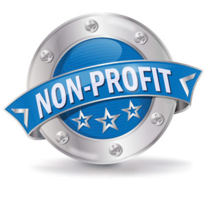 A grey and blue medal with a banner across it that reads "nonprofit."