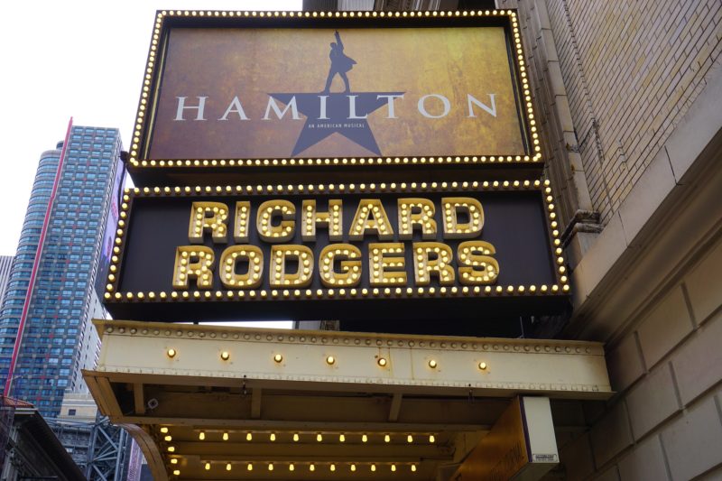 A sign outside the Richard Rodgers theatre advertising for "Hamilton."